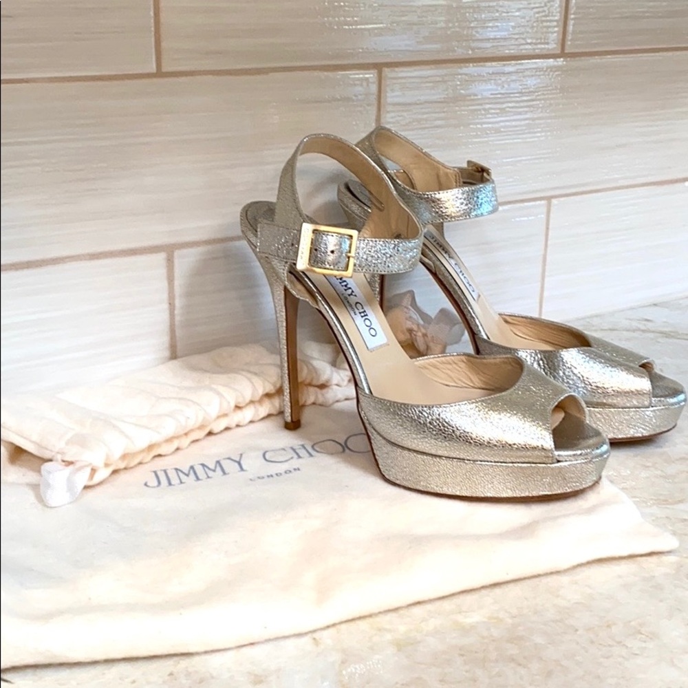 Silver Jimmy Choo Open Toe Strapy Stiletto 9.5